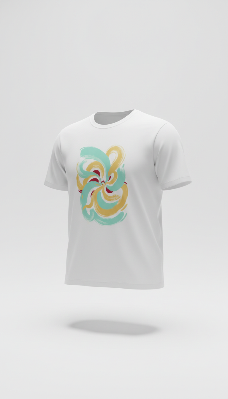 White T-Shirt with Aqua and Gold Print